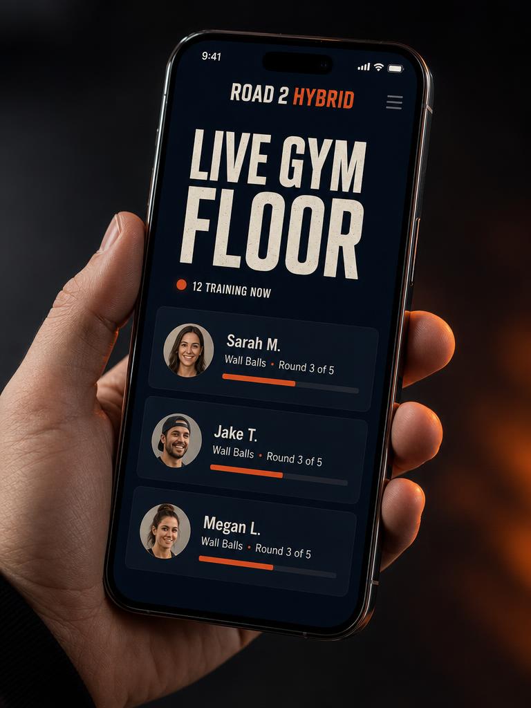 Road 2 Hybrid app showing live gym floor with members training now