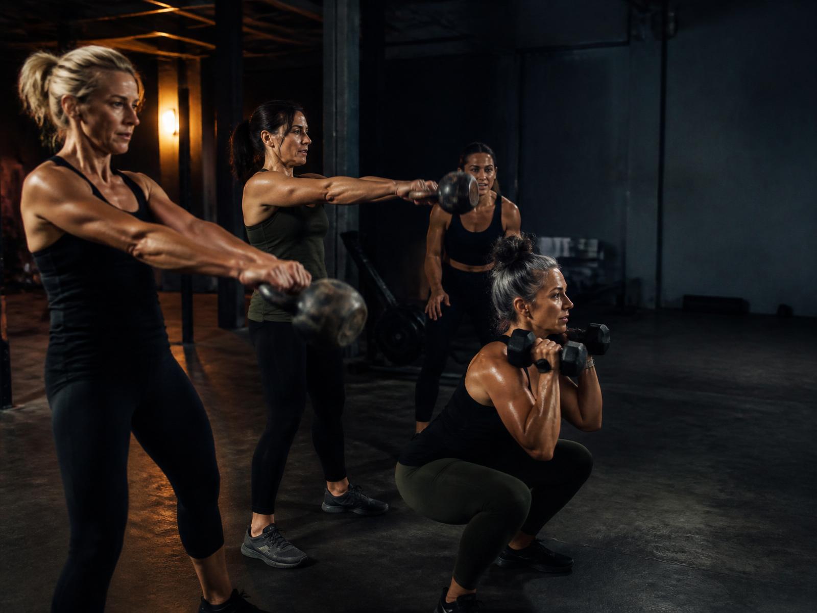 A group of women training together with kettlebells inside a hybrid gym